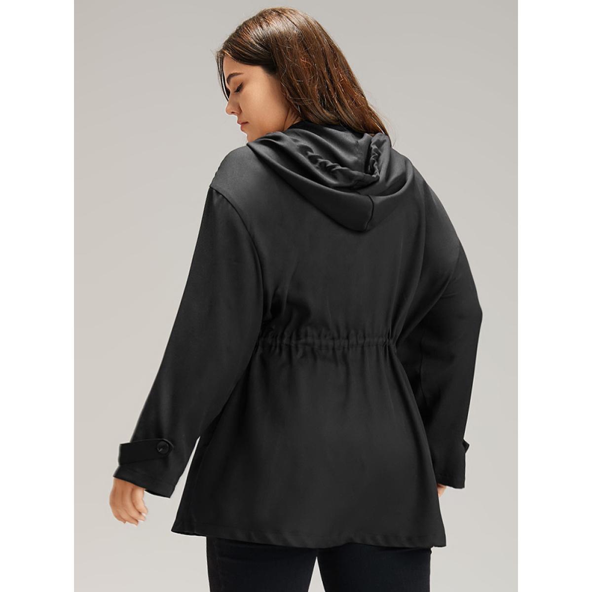 Plus Size Floral Embroidered Elastic Waist Hooded Drawstring Coat Women Black Zipper Pocket Dailywear Jackets BloomChic 12/L Product Image