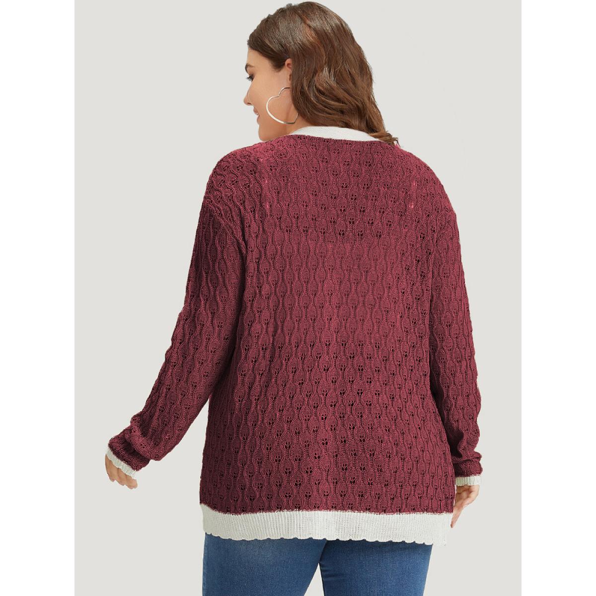 Plus Size Two Tone Patchwork Cut Out Button Down Cardigan Burgundy Women Casual Loose Long Sleeve Work Cardigans BloomChic 14-16/1X Product Image