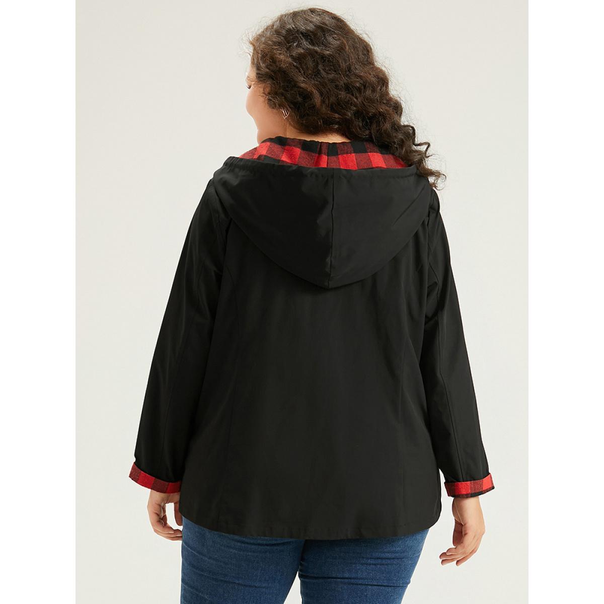 Plus Size Halloween Zipper Drawstring Plaid Contrast Patchwork Jacket Women Black Contrast Pocket Dailywear Jackets BloomChic 10/M Product Image