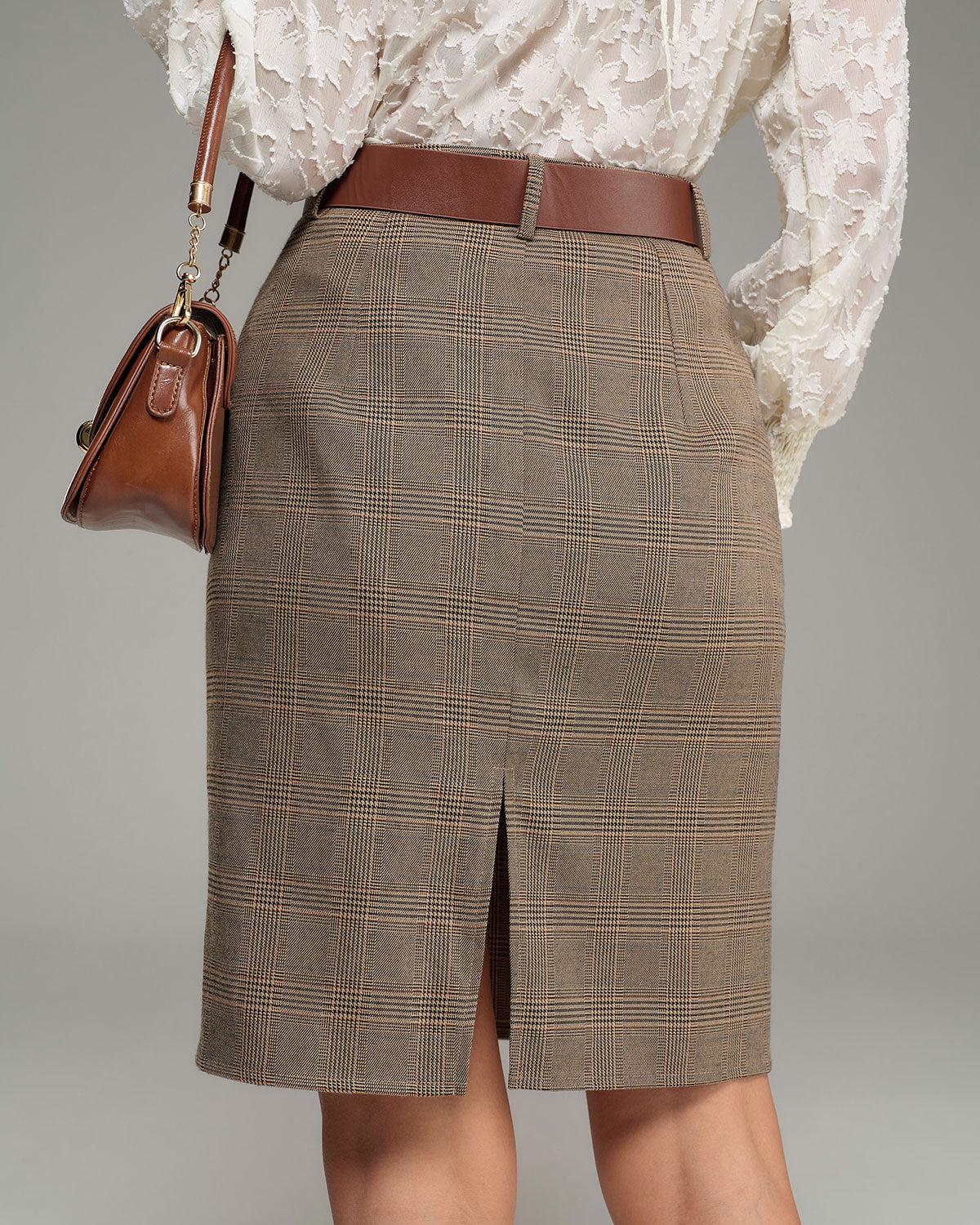 Khaki Plaid Natural Waisted Pencil Skirt Product Image