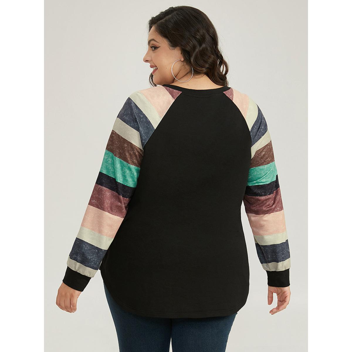Plus Size Striped Patchwork Contrast Raglan Sleeve Sweatshirt Women Black Casual Contrast Round Neck Dailywear Sweatshirts BloomChic 26/4X Product Image