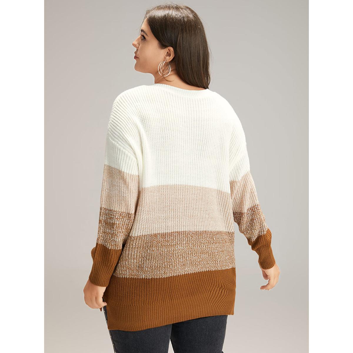 Plus Size Heather Split Side Contrast V Neck Pullover Multicolor Women Casual Loose Long Sleeve V-neck Dailywear Pullovers BloomChic 30/6X Product Image