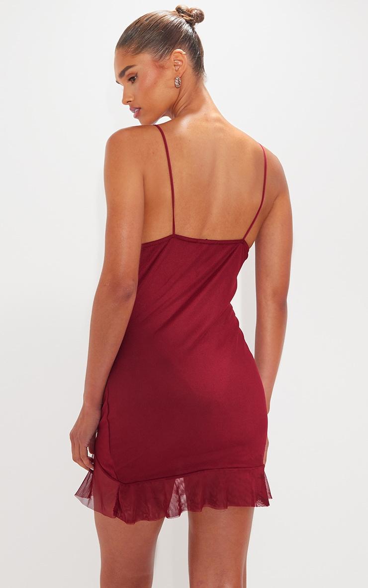 Burgundy Mesh Cut Out Frill Detail Ruched Bodycon Dress Product Image