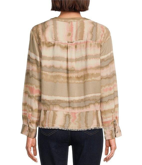 Westbound Woven Diffused Stripe Long Roll-Tab Sleeve Henley Patch Pocket Top Product Image