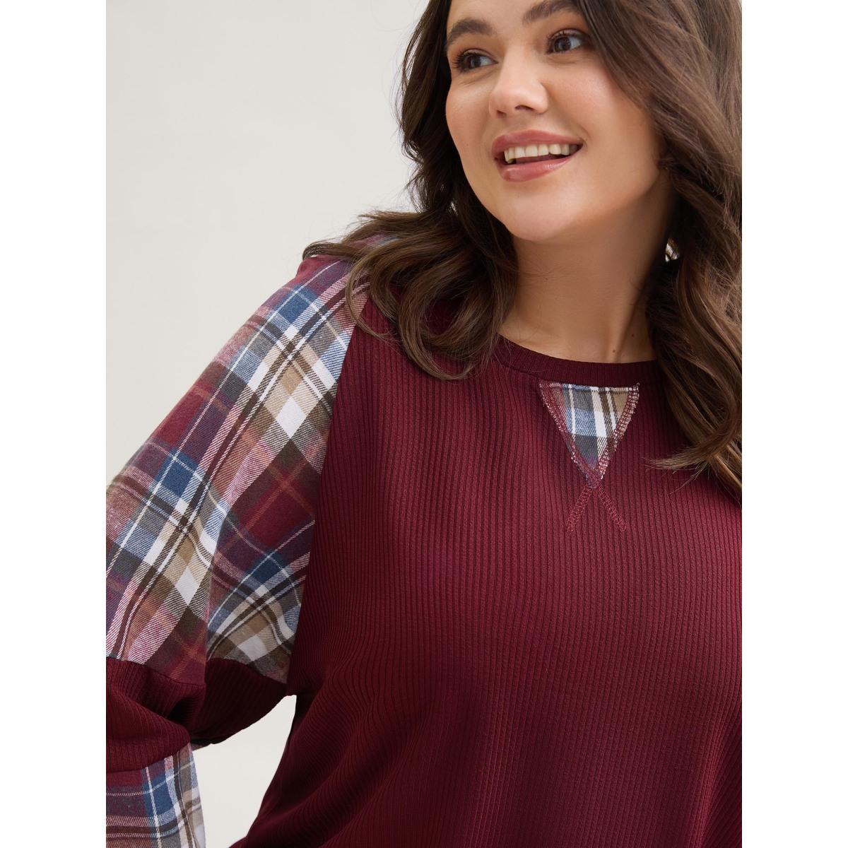 Plus Size Plaid Patchwork Raglan Sleeve Sweatshirt Women Burgundy Leisure Texture Round Neck Casual Sweatshirts BloomChic 22-24/3X Product Image