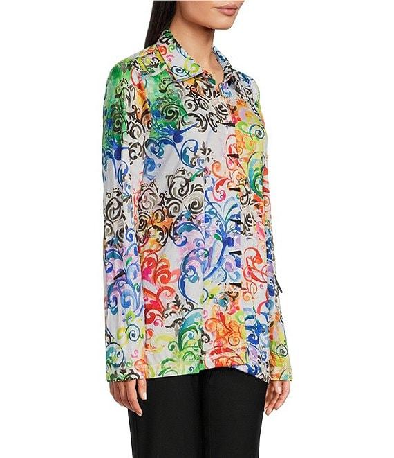 Ali Miles Petite Size Woven Abstract Multi Print Point Collar 3/4 Roll-Tab Sleeve Button Front Tunic Product Image