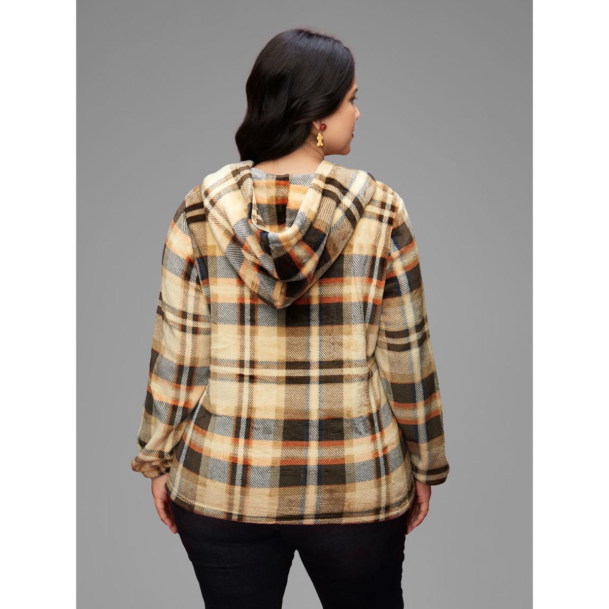 Plus Size Fuzzy Pullover Plaid Hoodie Women Multicolor Casual Button Loose Hooded Everyday Sweatshirts BloomChic 30/6X Product Image