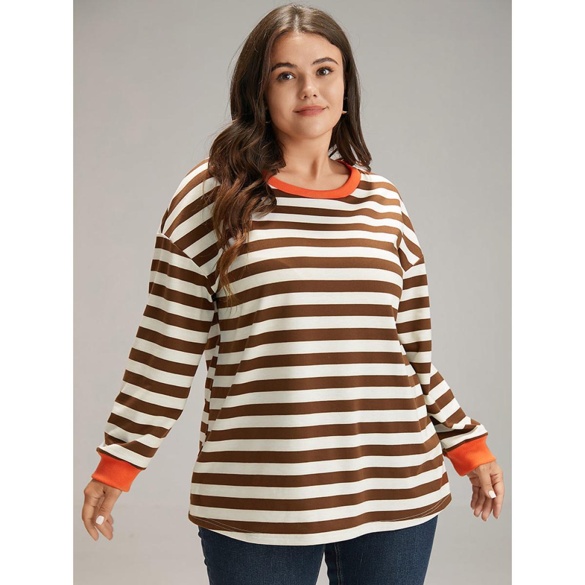 Plus Size Striped Contrast Elastic Cuffs Crew Neck Sweatshirt Women Maroon Casual Elastic cuffs Round Neck Dailywear Sweatshirts BloomChic 14-16/1X Product Image