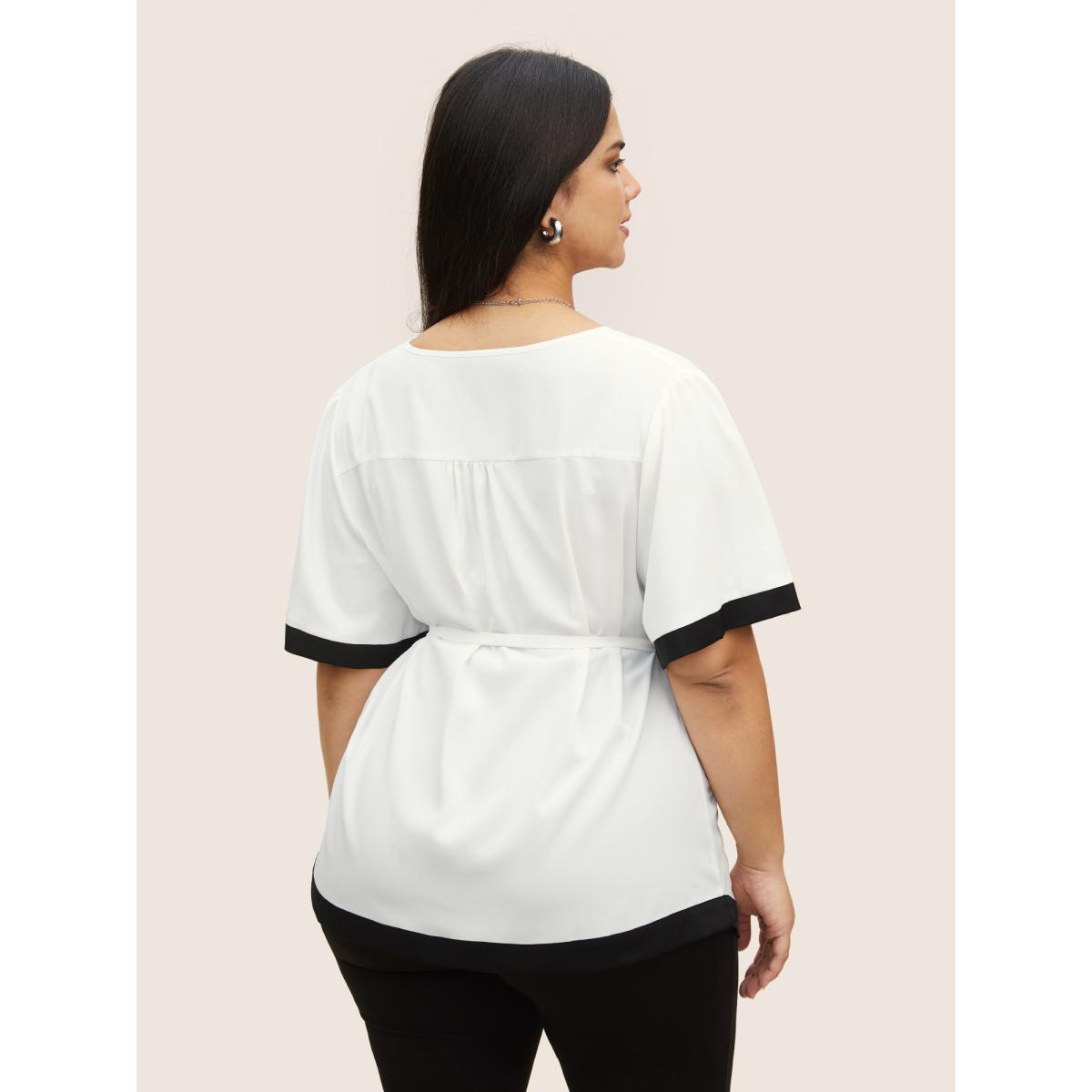 Plus Size White V Neck Patchwork Contrast Tie Knot Blouse Women At the Office Short sleeve V-neck Work Blouses BloomChic 22-24/3X Product Image