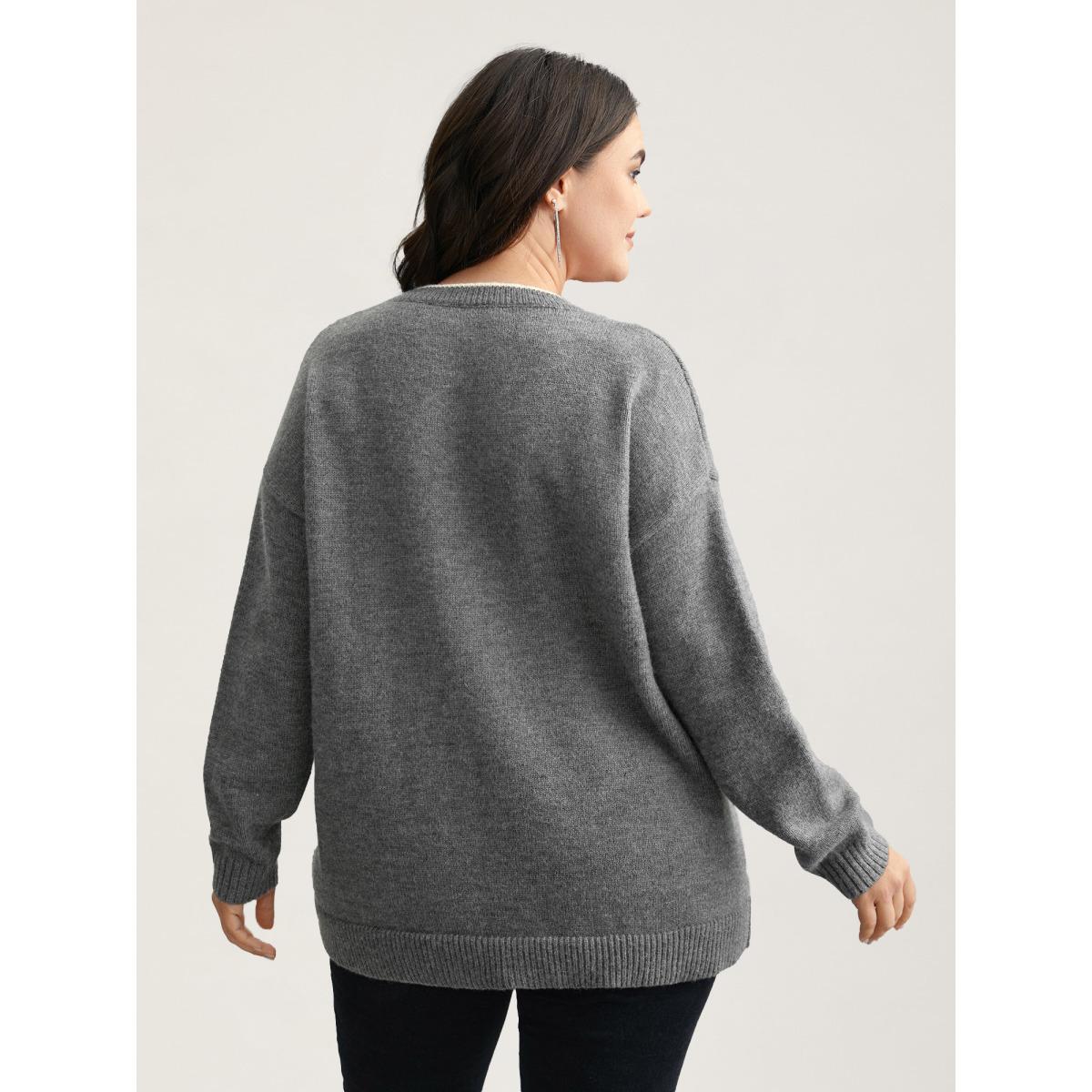 Plus Size Floral Textured Crew Neck Pullover DarkGray Women Playful Loose Long Sleeve Round Neck Casual Pullovers BloomChic 22-24/3X Product Image