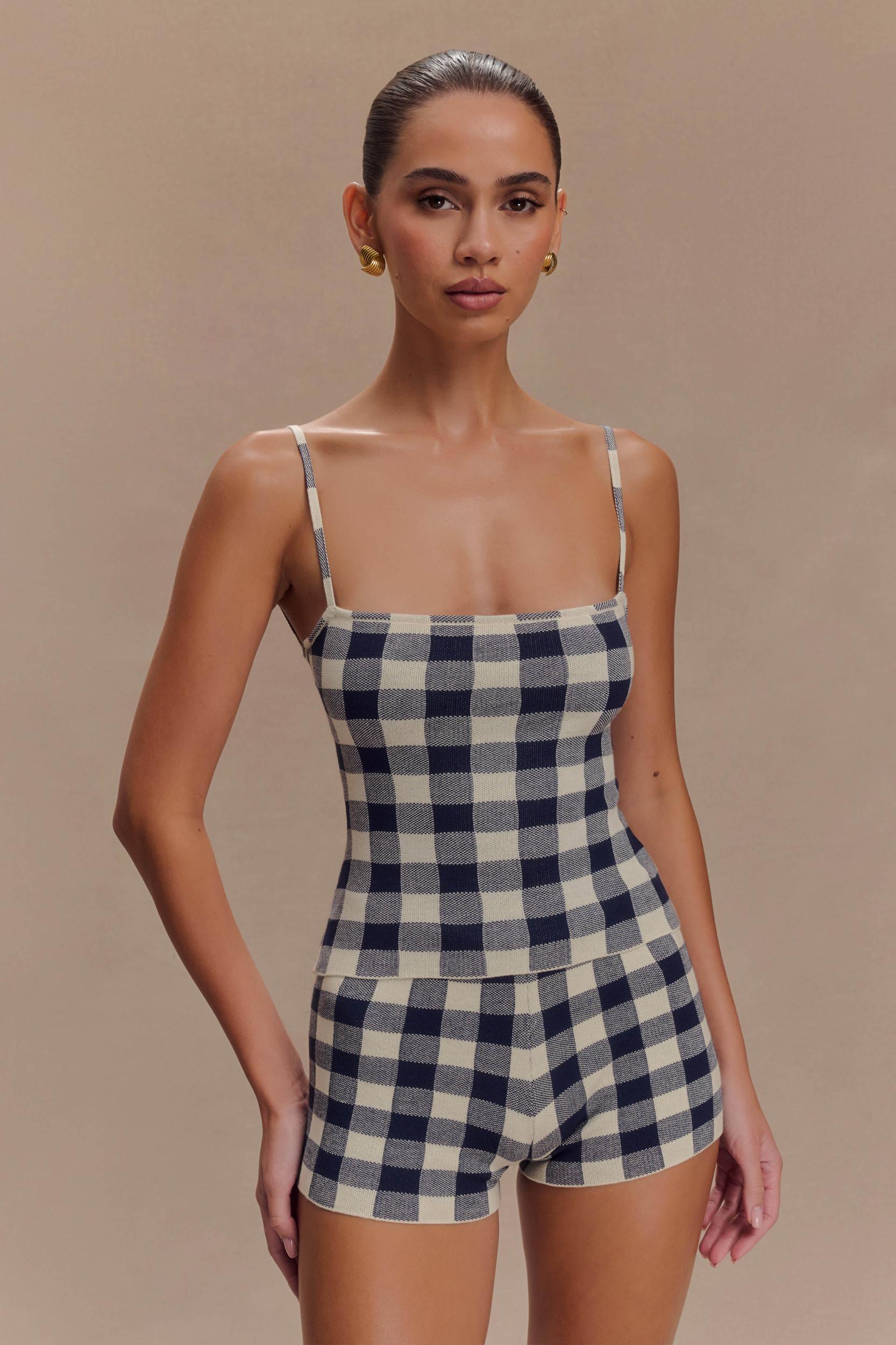 Marcie Sleeveless Knit Top - Navy Gingham Product Image