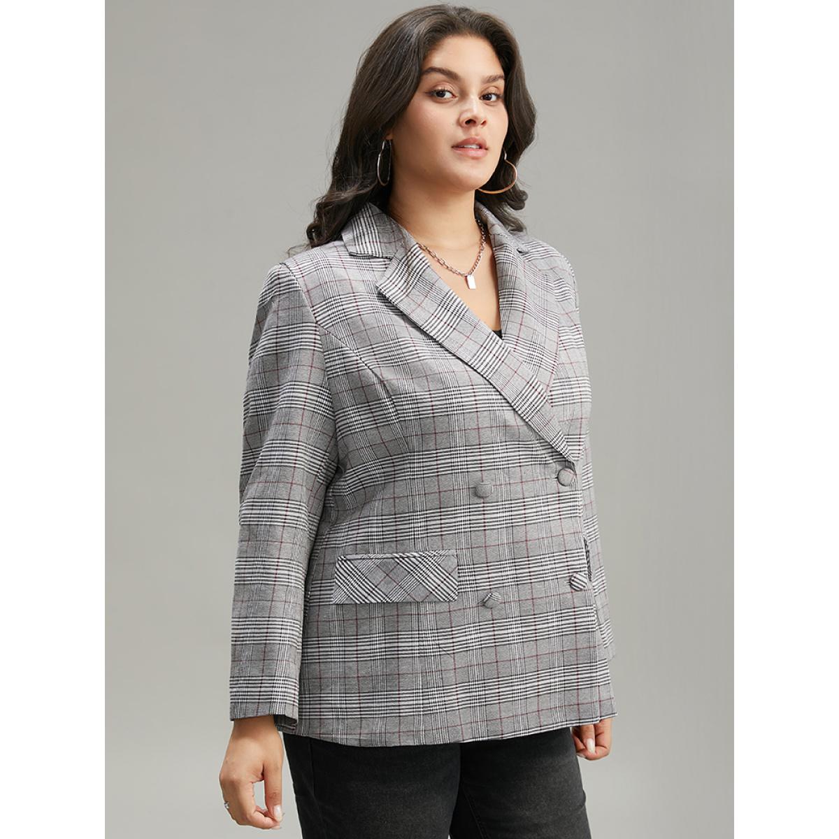 Plus Size Plaid Lapel Collar Pocket Button Up Blazer Gray Women Dailywear Plaid Button Sleeve Long Sleeve Lapel Collar 22-24/3X Pocket Casual Blazers BloomChic Product Image