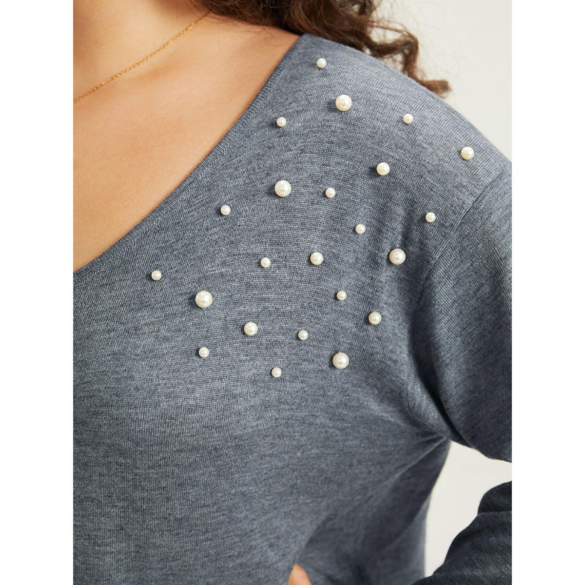 Plus Size Supersoft Essentials Heather Pearl Beaded V Neck Pullover SlateGray Women Casual Loose Long Sleeve V-neck Dailywear Pullovers BloomChic 22-24/3X Product Image