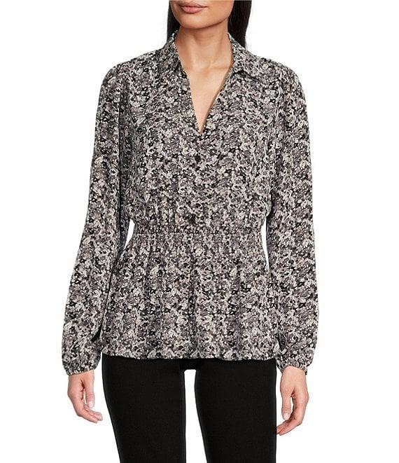 Michael Kors Printed Matte Satin Long Sleeve Collared Button Front Peplum Shirt Product Image