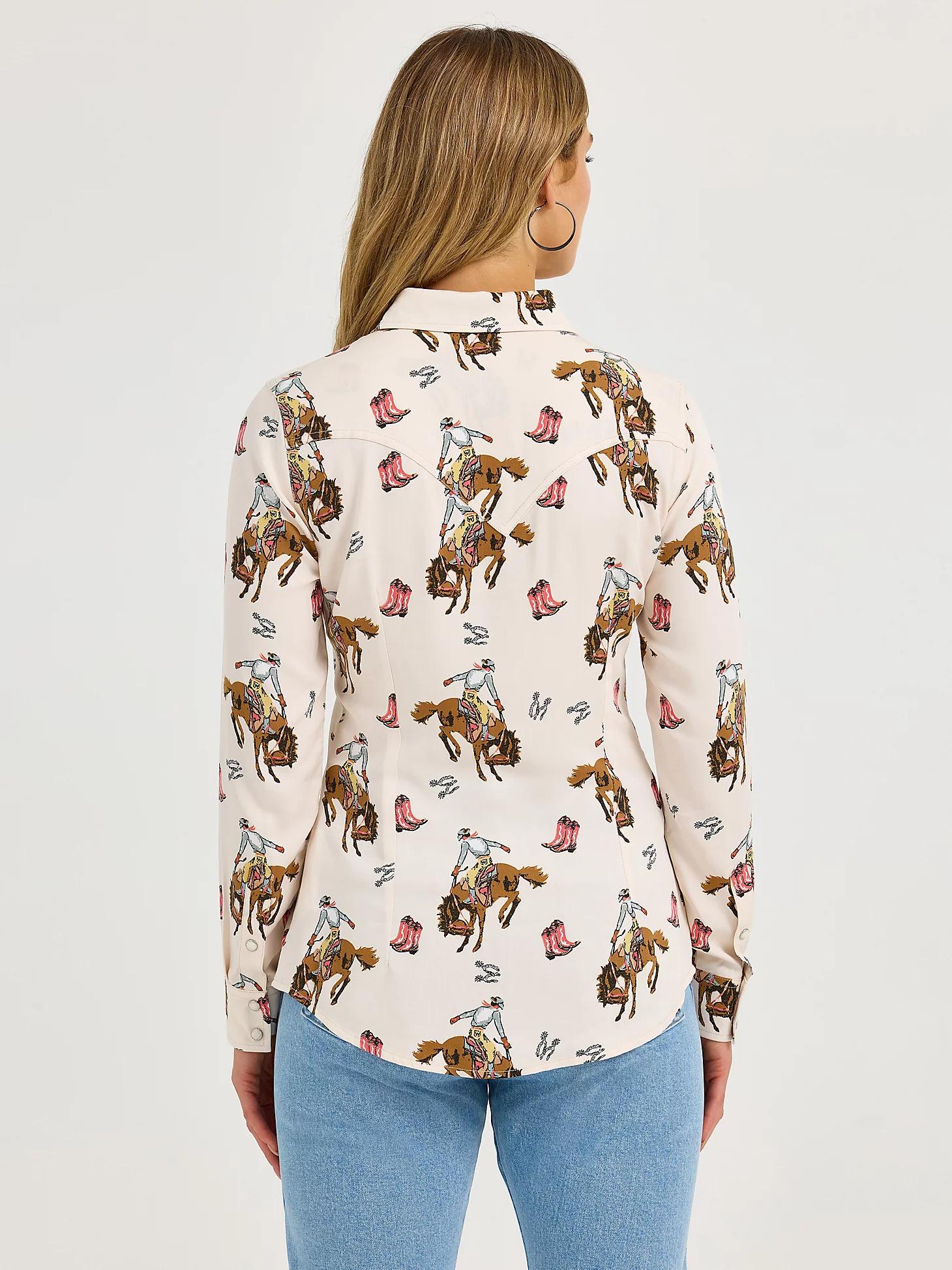 Women's Wrangler Bold Bucking Cowboy Western Snap Shirt in Cowboy/Cream Product Image