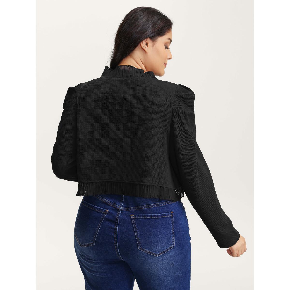 Plus Size Ruffled Curvy Hem Cropped Blazer Black Women Elegant Woven ribbon&lace trim Bishop sleeve Long Sleeve Non 14-16/1X Romantic Blazers BloomChic Product Image