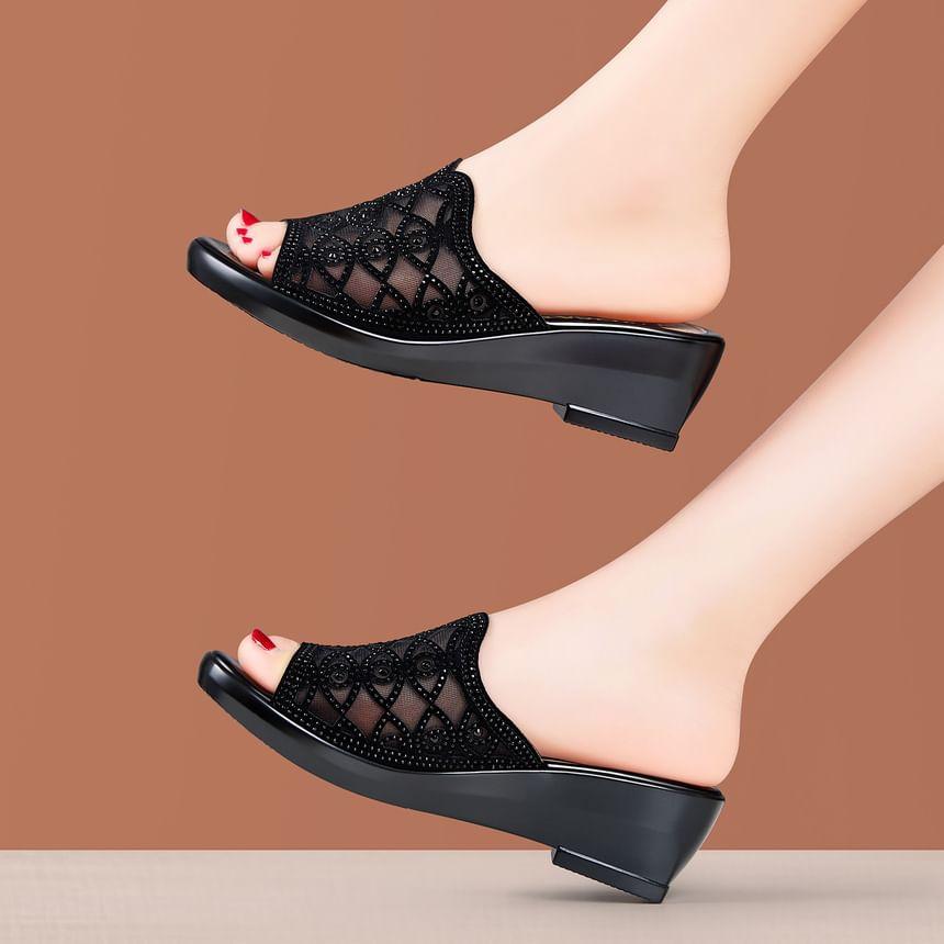 Rhinestone Eye Mesh Wedge Slide Sandals Product Image