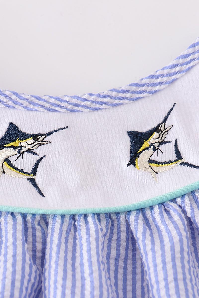 Blue stripe seersucker swordfish embroidery dress Product Image