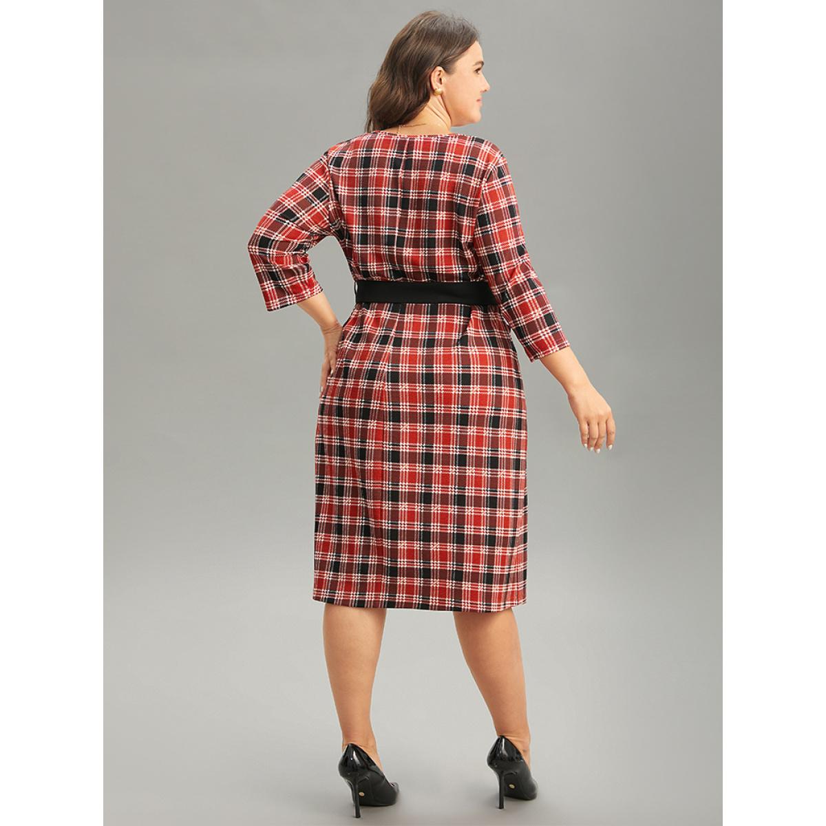 Plus Size Christmas Plaid Belted Patched Pocket Dress Crimson Women Office Belted Round Neck Elbow-length sleeve Curvy Midi Dress BloomChic 18-20/2X Product Image