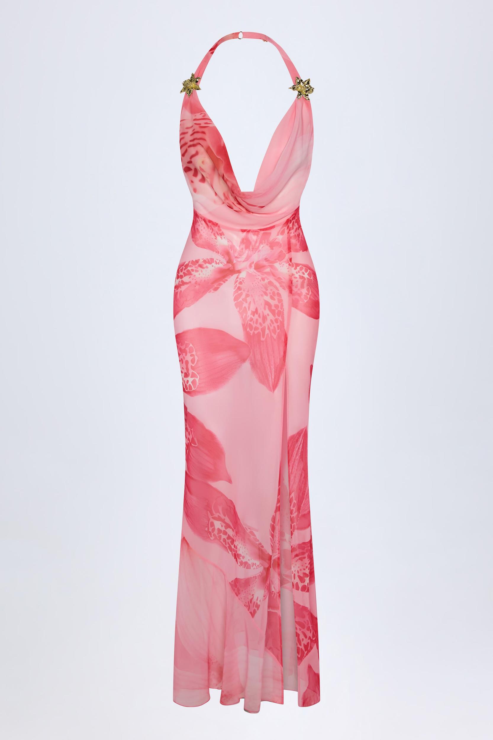 Cowl-Neck Hardware-Detail Maxi Dress in Pink Orchid Print Product Image