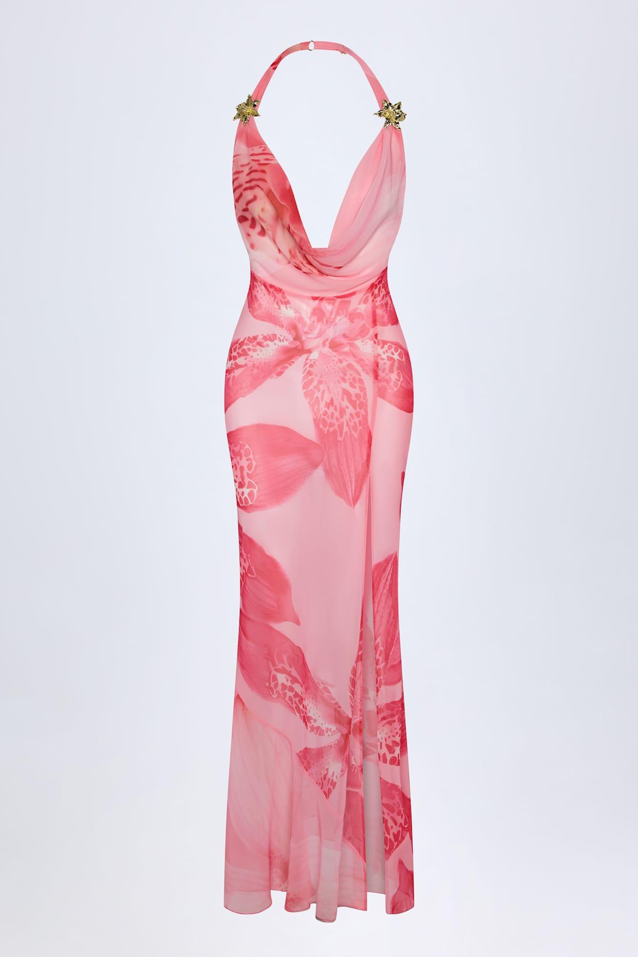 Cowl-Neck Hardware-Detail Maxi Dress in Pink Orchid Print Product Image