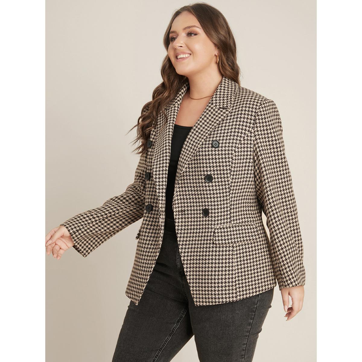 Plus Size Houndstooth Suit Collar Pocket Button Down Coat Women LightBrown Office Button Ladies Office Winter Coats BloomChic 10/M Product Image