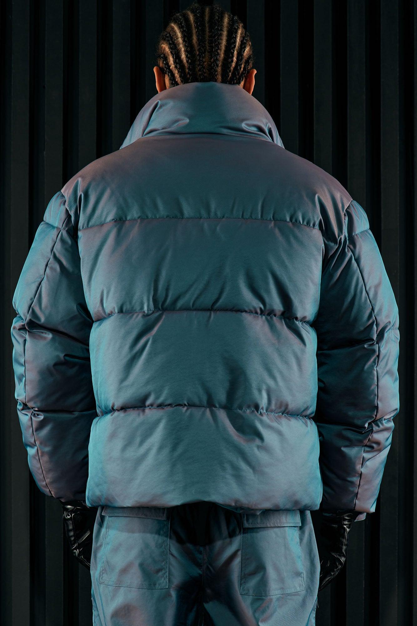 Stormy Iridescent Nylon Cropped Puffer Jacket - Blue Product Image