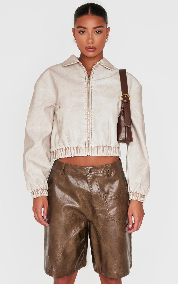 Premium Brown Washed Faux Leather Oversized Long Shorts Product Image