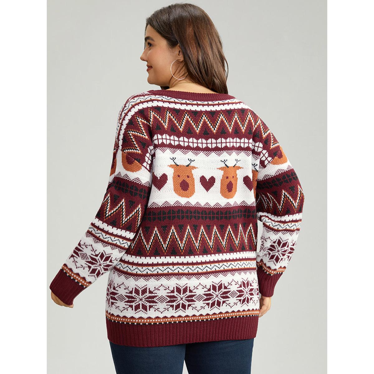 Plus Size Christmas Geometric Round Neck Pullover Scarlet Women Casual Long Sleeve Round Neck Festival-Christmas Pullovers BloomChic 14-16/1X Product Image