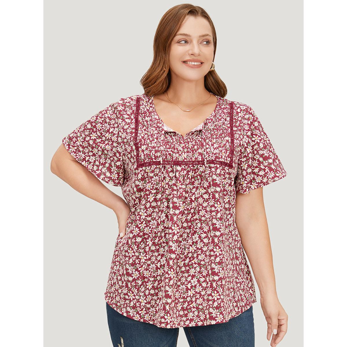 Plus Size RedViolet Ditsy Floral Lace Gathered Tie Neck Blouse Women Elegant Short sleeve Tie Neck Dailywear Blouses BloomChic 10/M Product Image