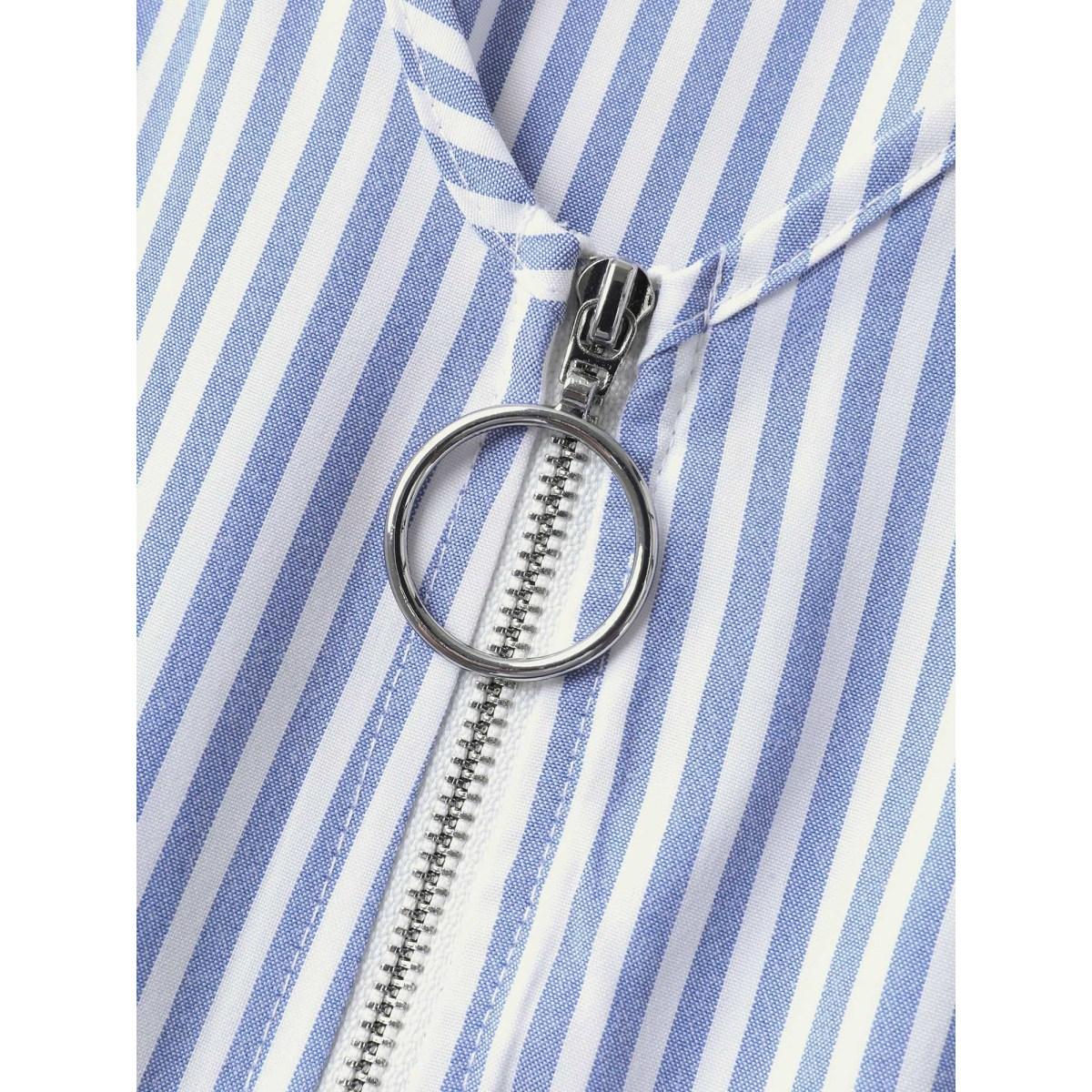 Plus Size Striped Zipper Front Shirred Waist Midi Dress LightBlue Women Shirred V-neck Cap Sleeve Curvy BloomChic 14-16/1X Product Image