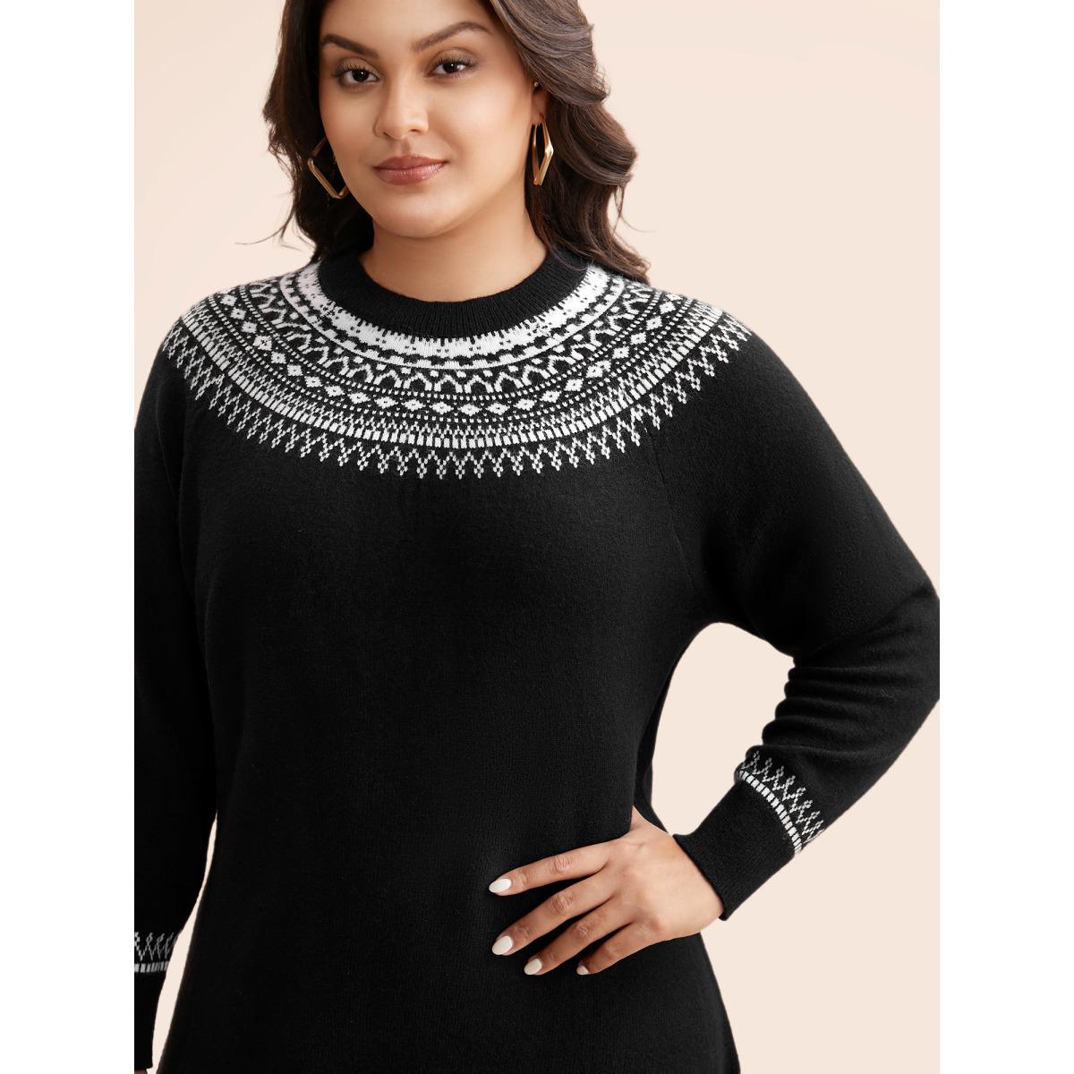 Plus Size Supersoft Essentials Geo-embroidery Fair Isle Fitted Sweater Dress Black Women Casual Loose Long Sleeve Everyday Sweater Dresses BloomChic 12/L Product Image