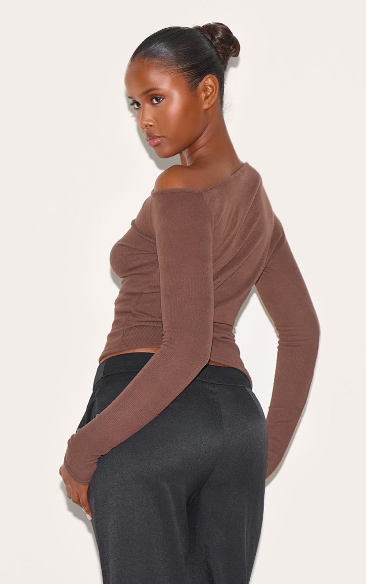 Chocolate Soft Touch Rib Asymmetric Long Sleeve Top Product Image