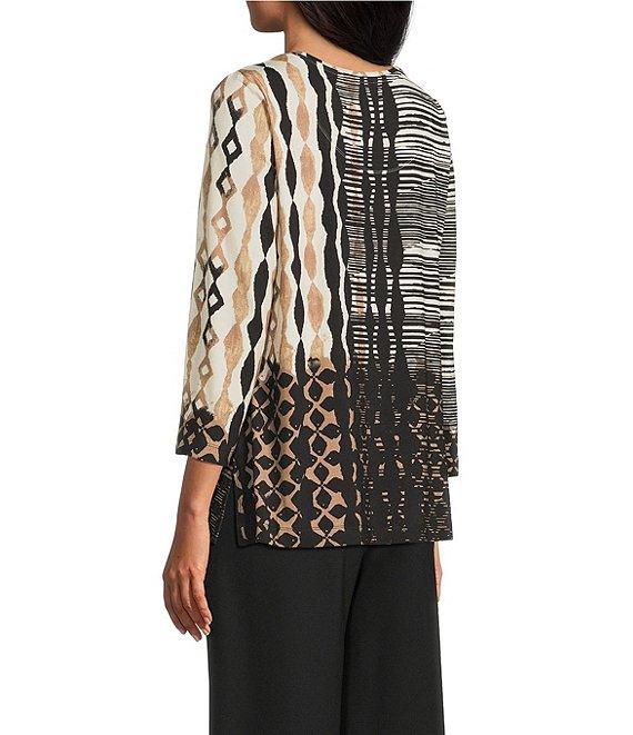 Multiples Petite Size Knit Color Block Stripe Geometric Print Embellished Neckline 3/4 Sleeve Top Product Image