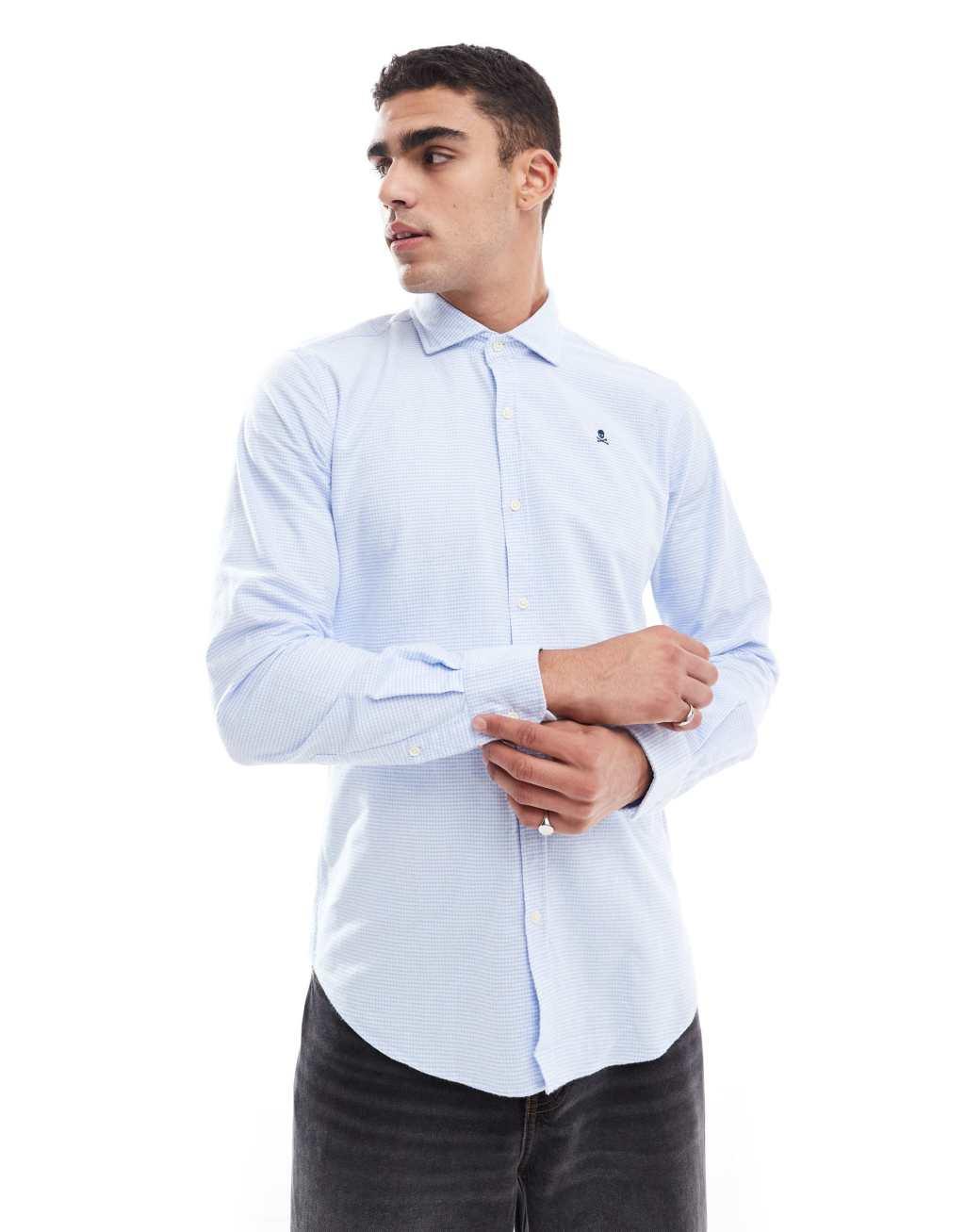 Scalpers Oxford Peach Shirt In Blue Plaid  Product Image