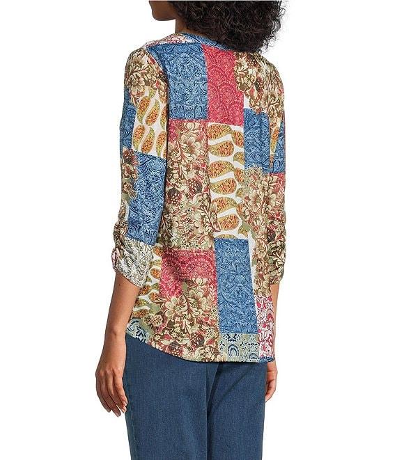 Allison Daley Petite Botanical Patchwork Print 3/4 Sleeve Henley Neck Knit Top Product Image