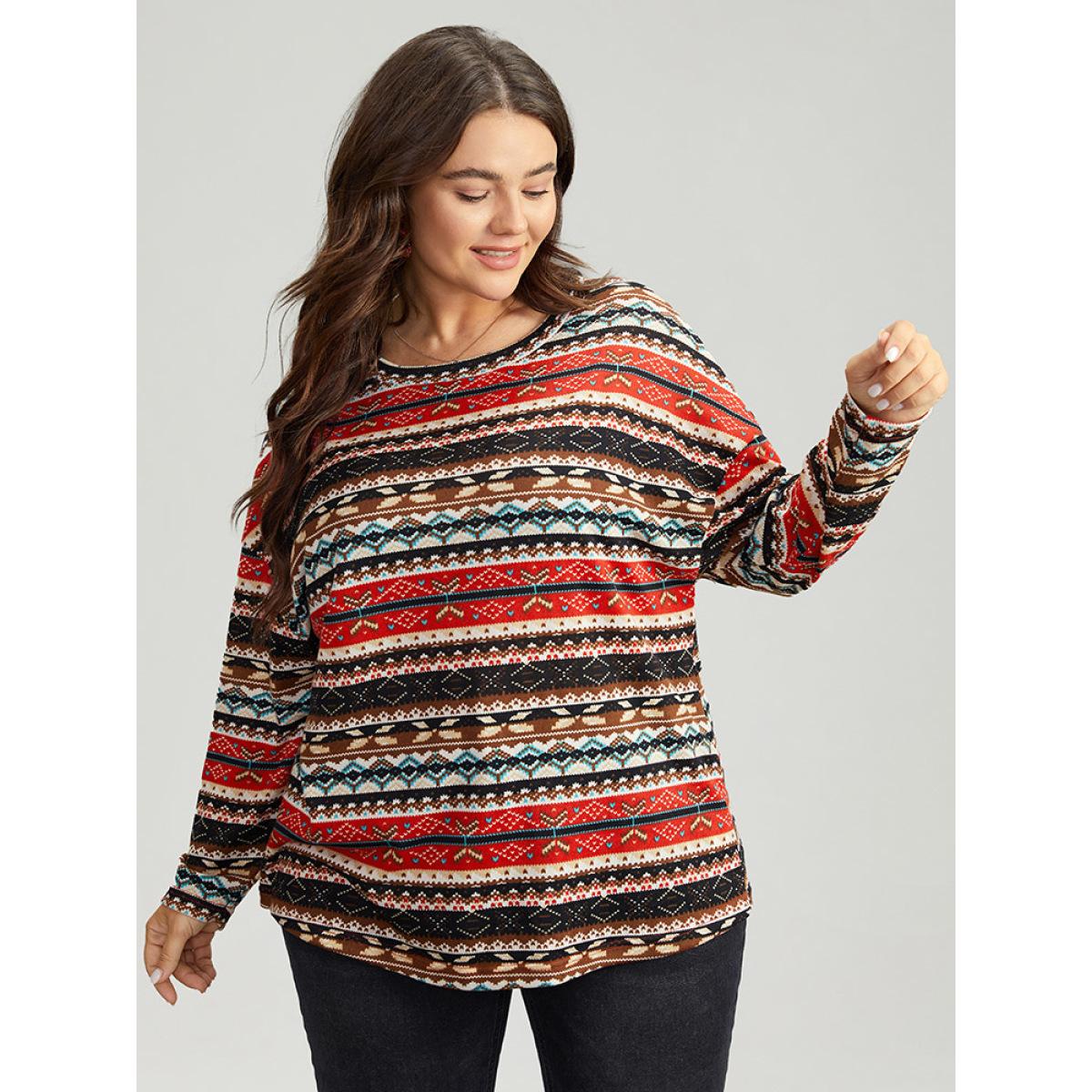 Plus Size Christmas Print Contrast Crew Neck T-shirt Multicolor Women Casual Contrast Graphic-Christmas Round Neck Festival-Christmas T-shirts BloomChic 10/M Product Image