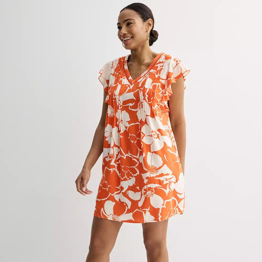 Women's Sonoma Goods For Life® Flutter Sleeve Pintuck Dress, Size: Small, Orange Bold Floral Product Image