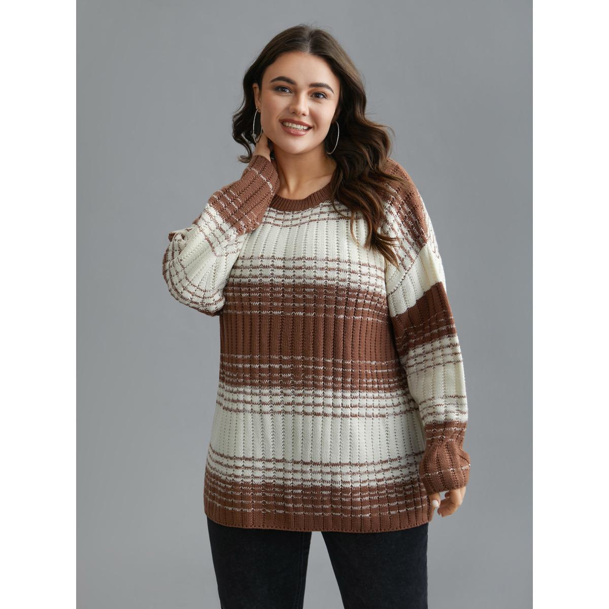 Plus Size Contrast Textured Crew Neck Pullover Browncoffeecolor Women Casual Loose Long Sleeve Round Neck Everyday Pullovers BloomChic 22-24/3X Product Image