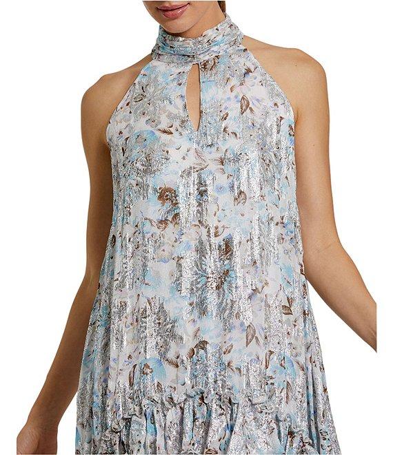 Mac Duggal Chiffon Floral Metallic Print Halter Neck Sleeveless Hi Low Ruffle Hem Shift Mini Dress Product Image