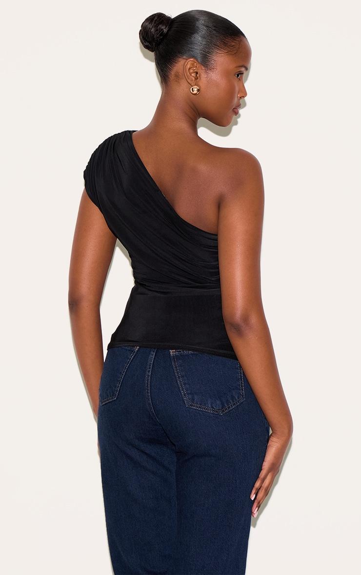 Black Slinky One Shoulder Detail Long Top Product Image