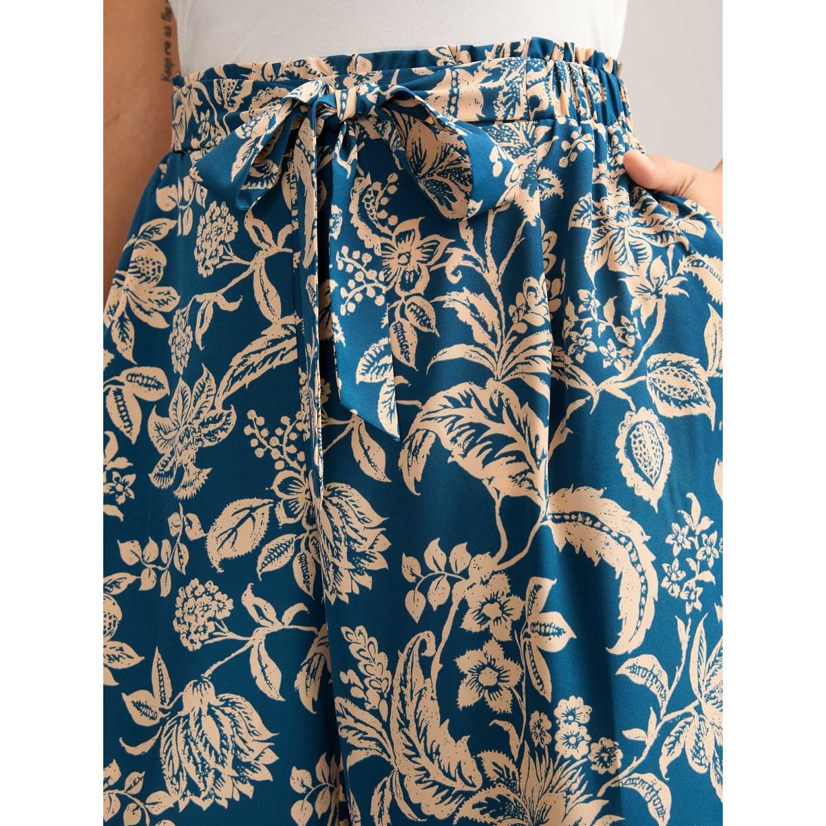 Plus Size Floral Perfection Belted Wide-Leg Pants Women Indigo Elegant Wide Leg Mid Rise Everyday-Elegant Pants BloomChic 26/4X Product Image
