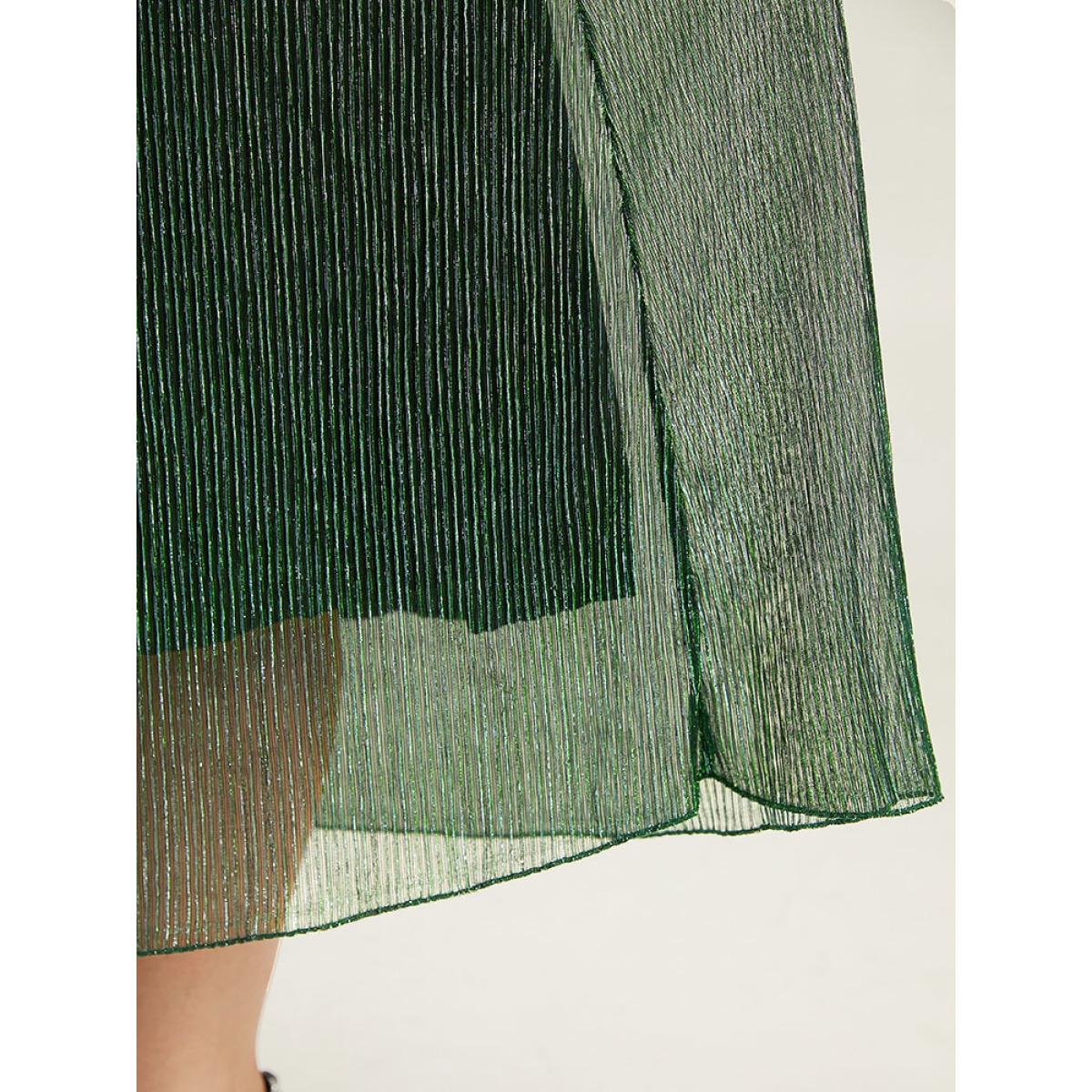 Plus Size Plain Texture Elastic Waist Shirred Mesh Dress DarkGreen Women Cocktail Texture V-neck Long Sleeve Curvy Midi Dress BloomChic 14-16/1X Product Image