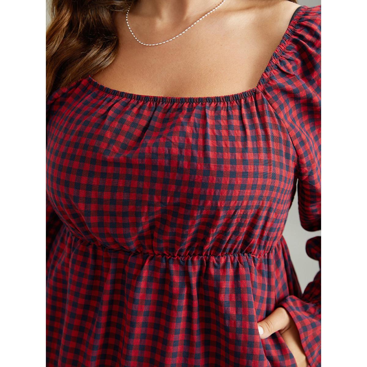Plus Size Gingham Square Neck Shirred Gathered Ruffles Dress Scarlet Women Casual Gathered Square Neck Long Sleeve Curvy Midi Dress BloomChic 22-24/3X Product Image