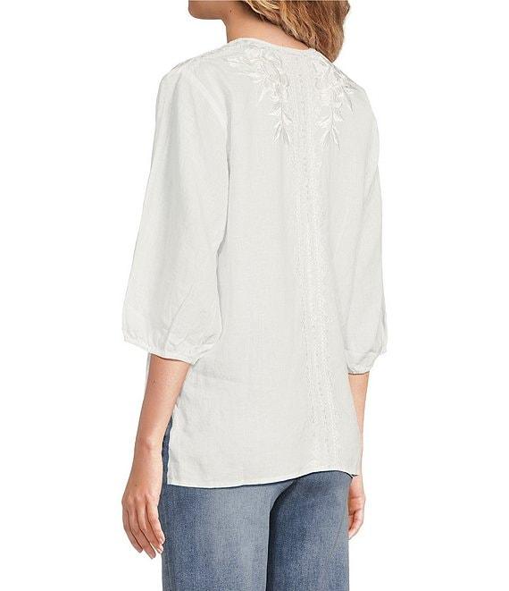JOHNNY WAS Camille Embriordered Linen Split V-Neck 3/4 Puff Sleeve Blouse Product Image