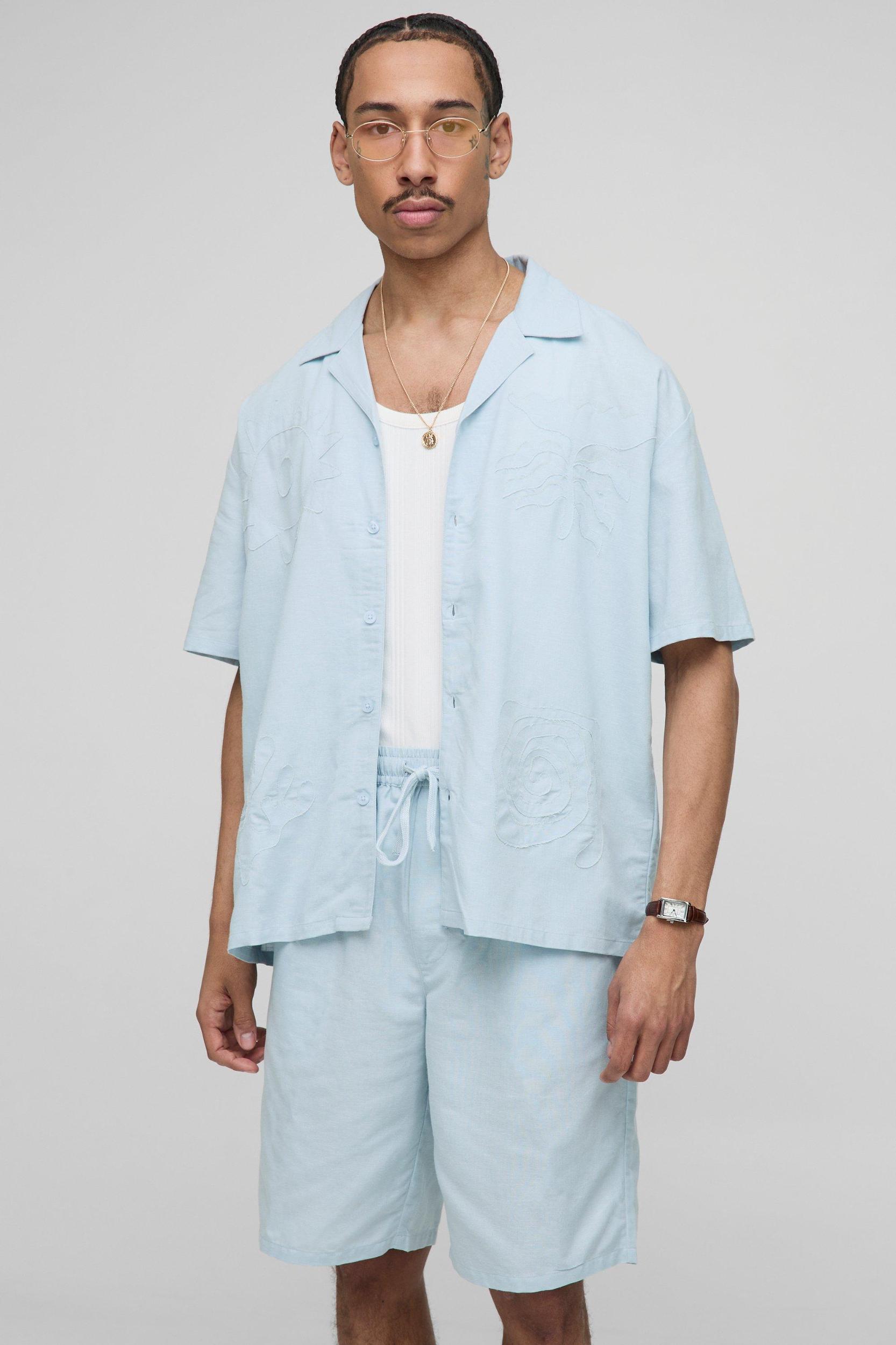 Oversized Linen Blend Organza Shirt & Relaxed Short Set | boohooMAN USA Product Image