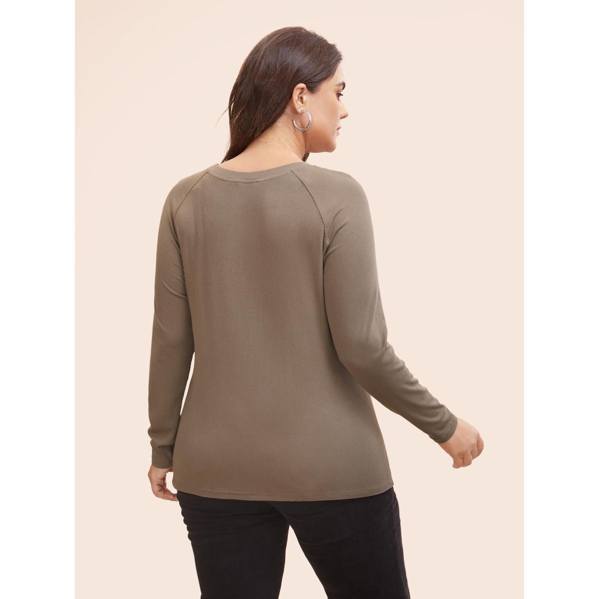 Plus Size Solid Pit Strip Raglan Sleeve T-shirt DarkBrown Women Casual Texture Non Everyday T-shirts BloomChic 22-24/3X Product Image