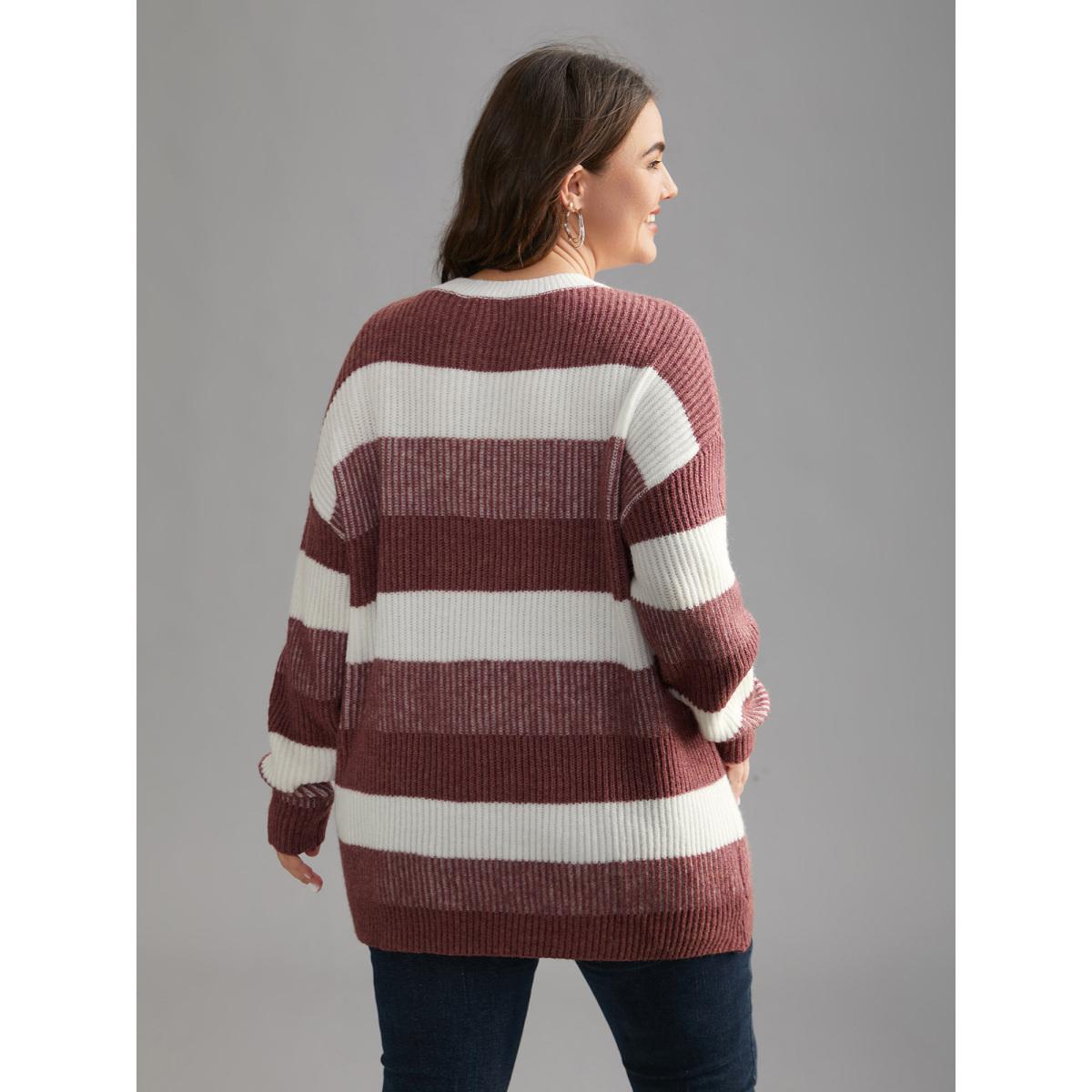 Plus Size Color Block Round Neck Texture Pullover Russet Women Casual Loose Long Sleeve Round Neck Everyday Pullovers BloomChic 22-24/3X Product Image