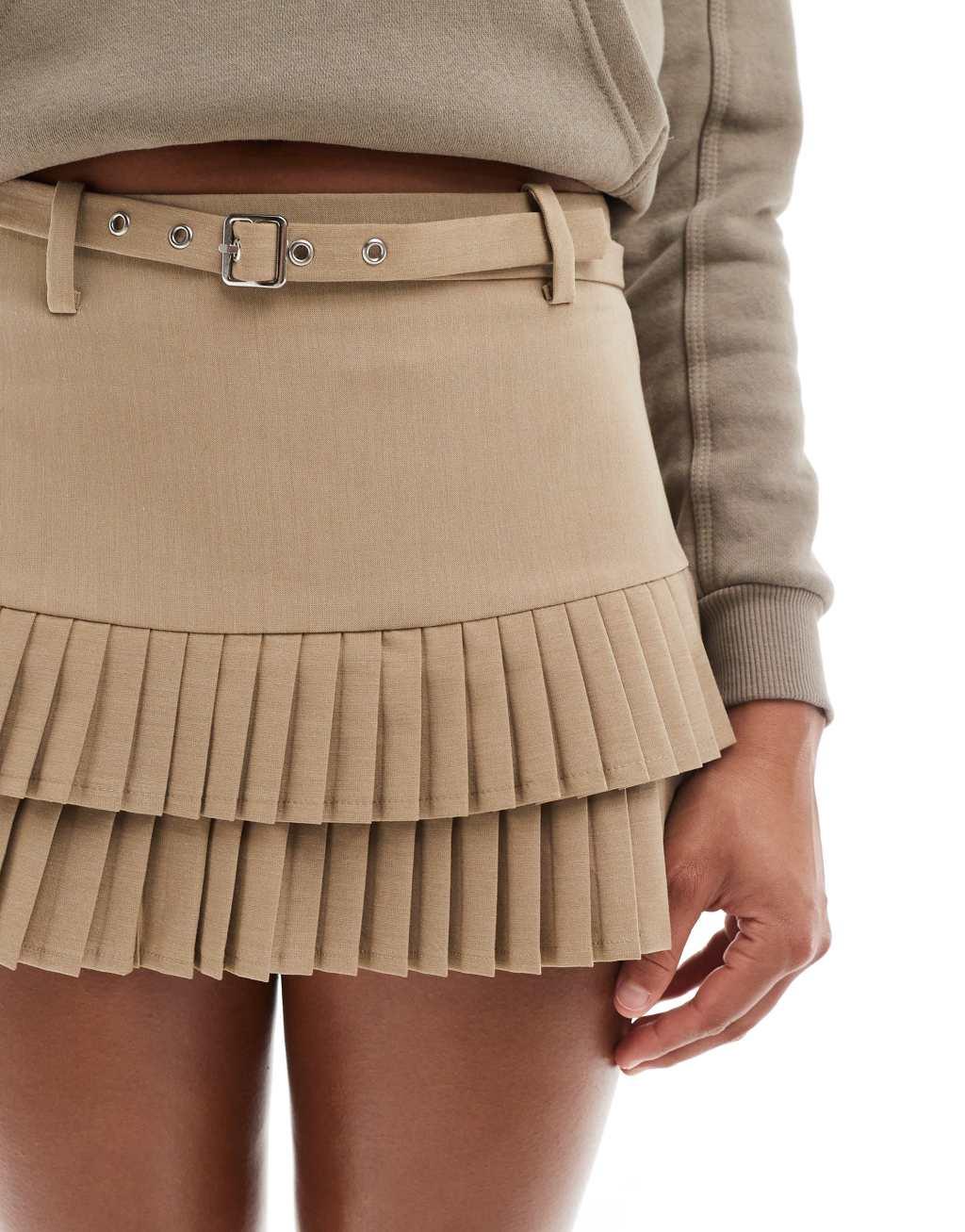 Bershka pleated detail mini skirt in camel Product Image