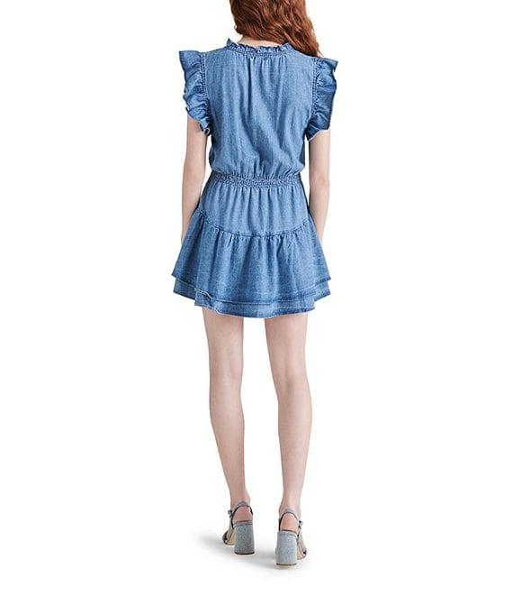 Steve Madden Prairie Dreams Chambray V-Neck Short Flutter Sleeve Tier Mini Dress Product Image